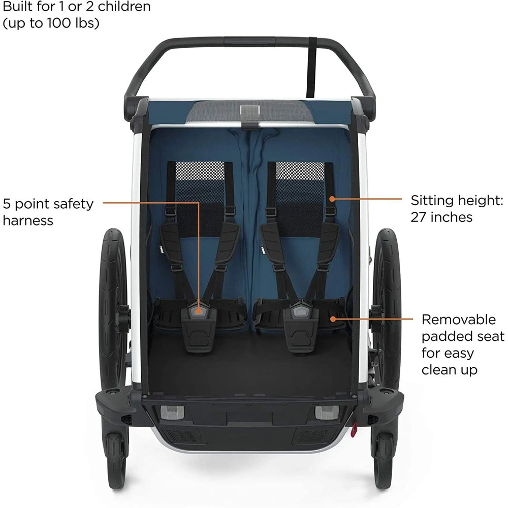 Thule Chariot Cross Multisport Bike Trailer Majolica Blue; two seats secured in padded 5-point harnesses.