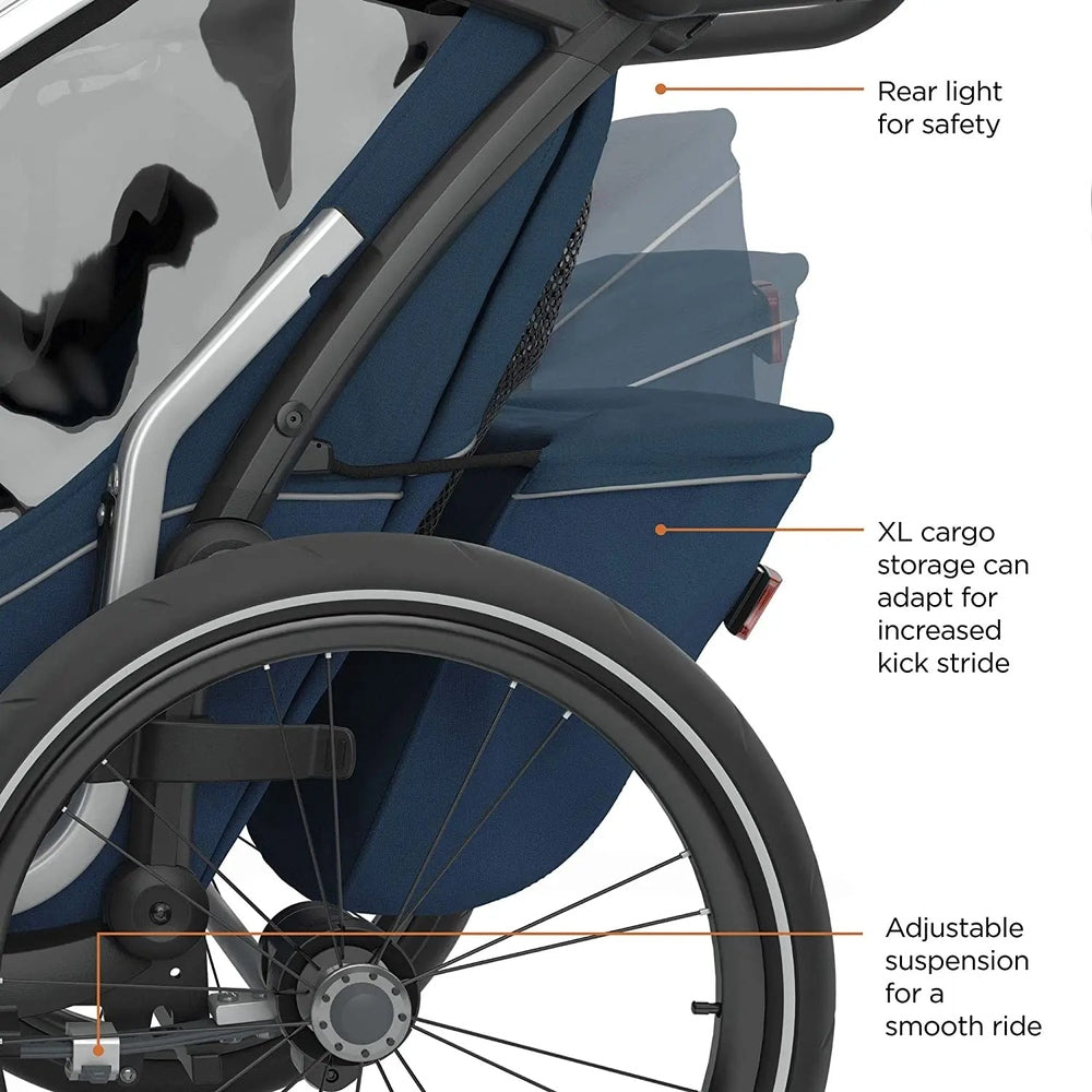 Thule Chariot Cross Multisport bike trailer Majolica Blue; cargo bag secured, rear safety light on, built-in adjustable suspension.