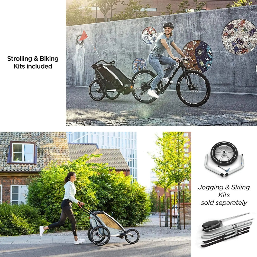 Thule Chariot Lite Multisport bike trailer Agave Green being towed by a cyclist; jogging and skiing kits sold separately.