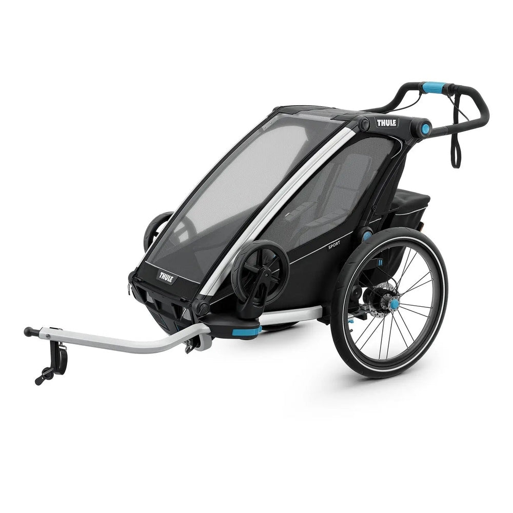 Thule Chariot Sport bike trailer stroller in black with blue accents, hitched to a tow bar.
