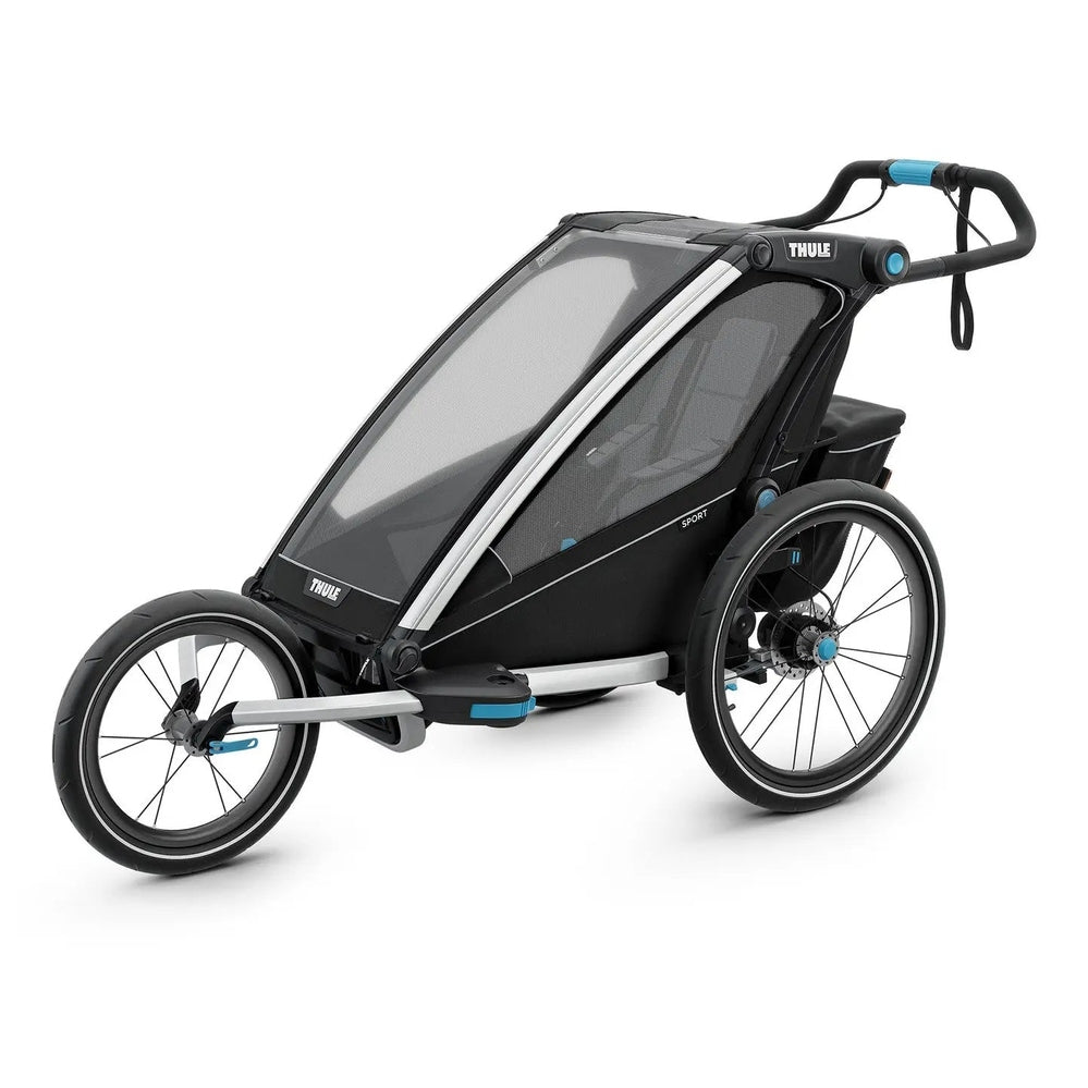Thule Chariot Sport bicycle trailer/stroller in black with blue accents, mesh canopy, and dual wheels ready to ride.