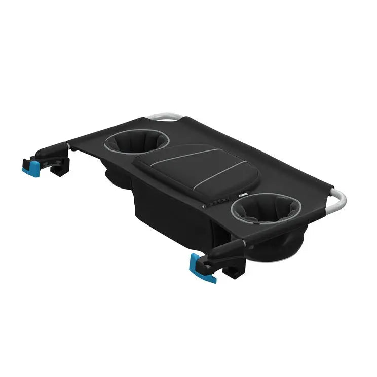 Thule Organizer Sport stroller console in black with two cup holders and accessory pocket, attached to a stroller frame.