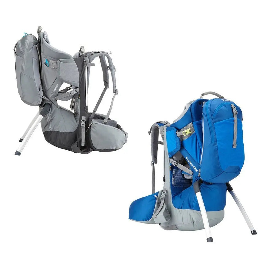 Thule Sapling Elite Child Carrier in grey/blue, showing aluminum frame and padded hip belts ready for use.
