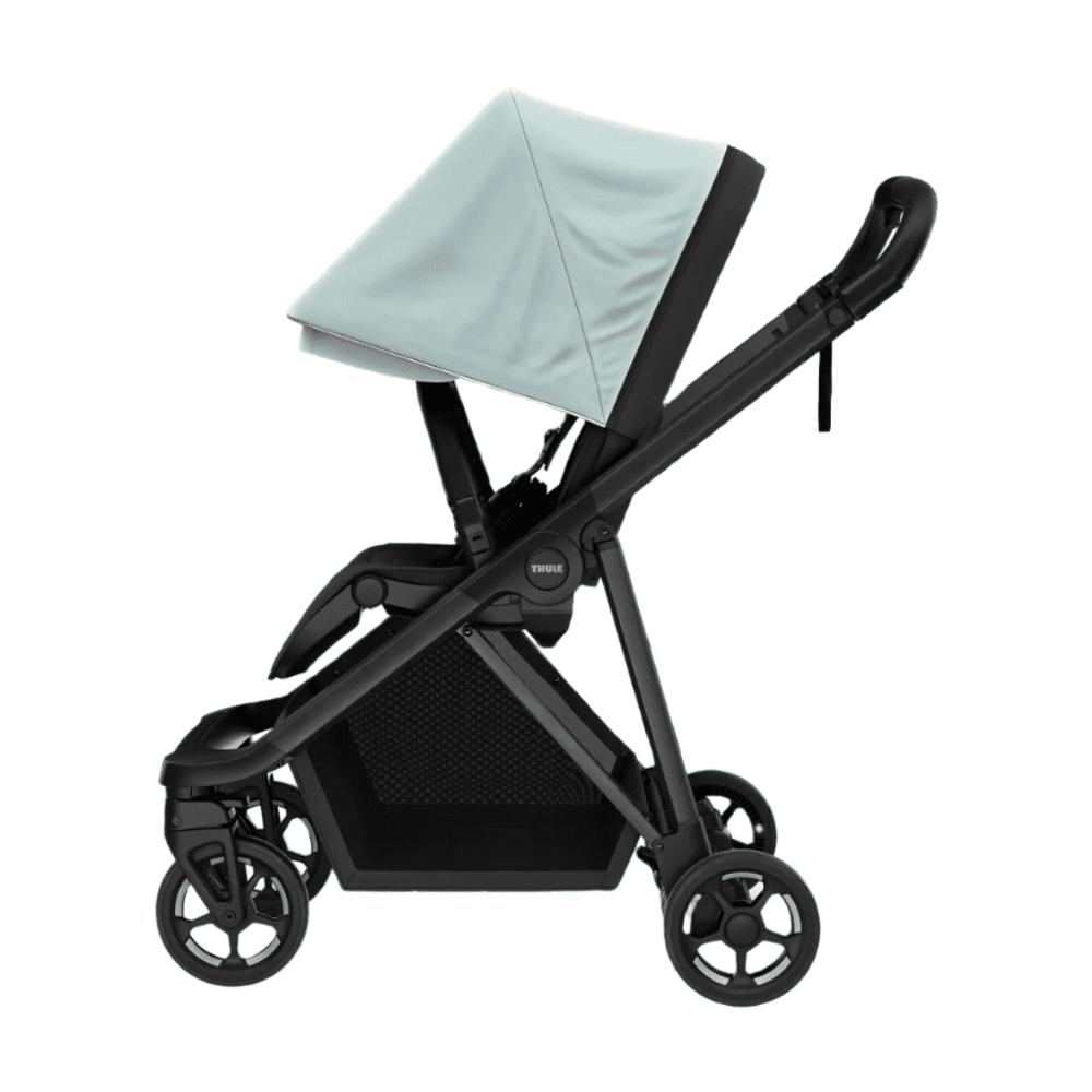 Thule Shine stroller with mint canopy, black frame and wheels