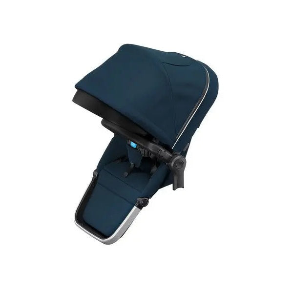 Thule Sleek Sibling Seat in navy fabric, attached to a stroller frame with canopy overhead.