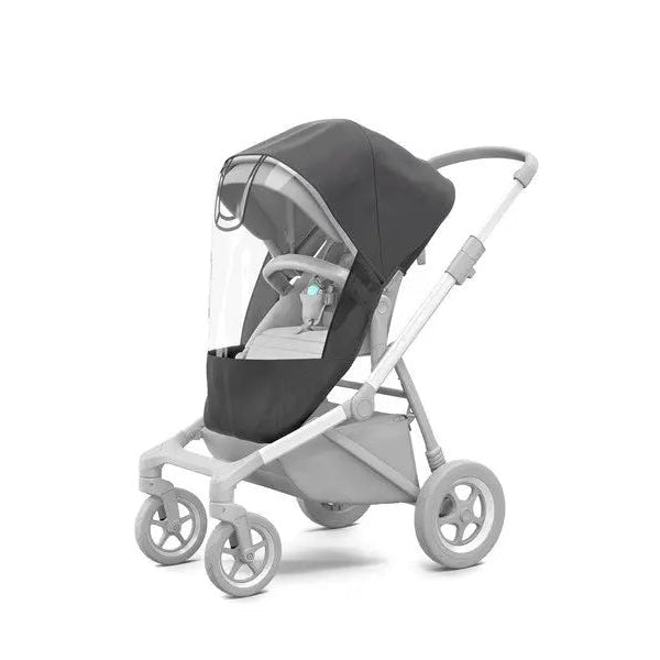 Thule Sleek Sibling Seat for double stroller, black canopy and grey frame, child seated.