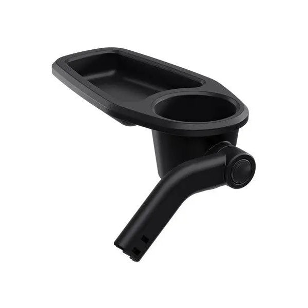 THULE Sleek Snack Tray in black with cup holder, mounted on stroller arm for on-the-go feeding.