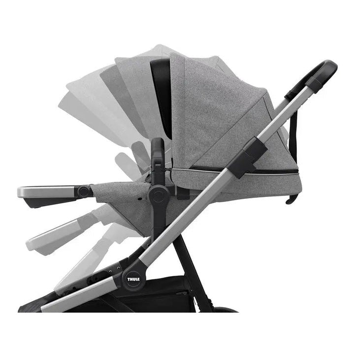 Thule Sleek stroller in grey fabric, adjustable seat shown reclined through multiple positions.