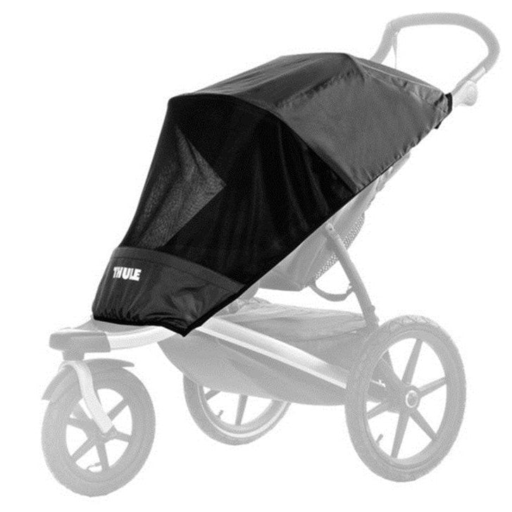 Thule Urban Glide Mesh Cover in black with breathable mesh panel, protecting baby in stroller.