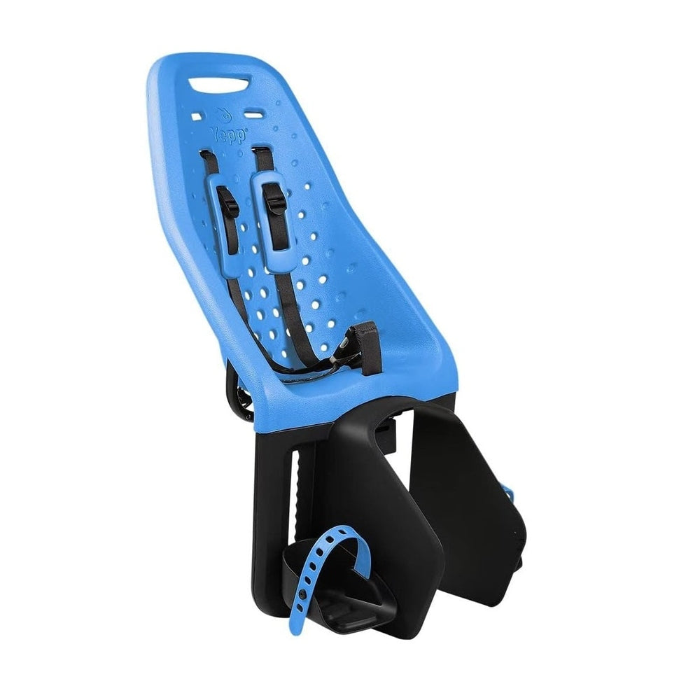 Thule Yepp Maxi rack-mounted child bike seat in blue, with adjustable black harness straps secured.