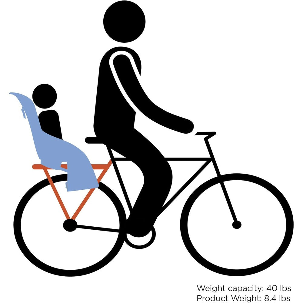 Thule Yepp Maxi Rack Mounted Child Bike Seat in blue attached to rear rack as an adult rider pedals.