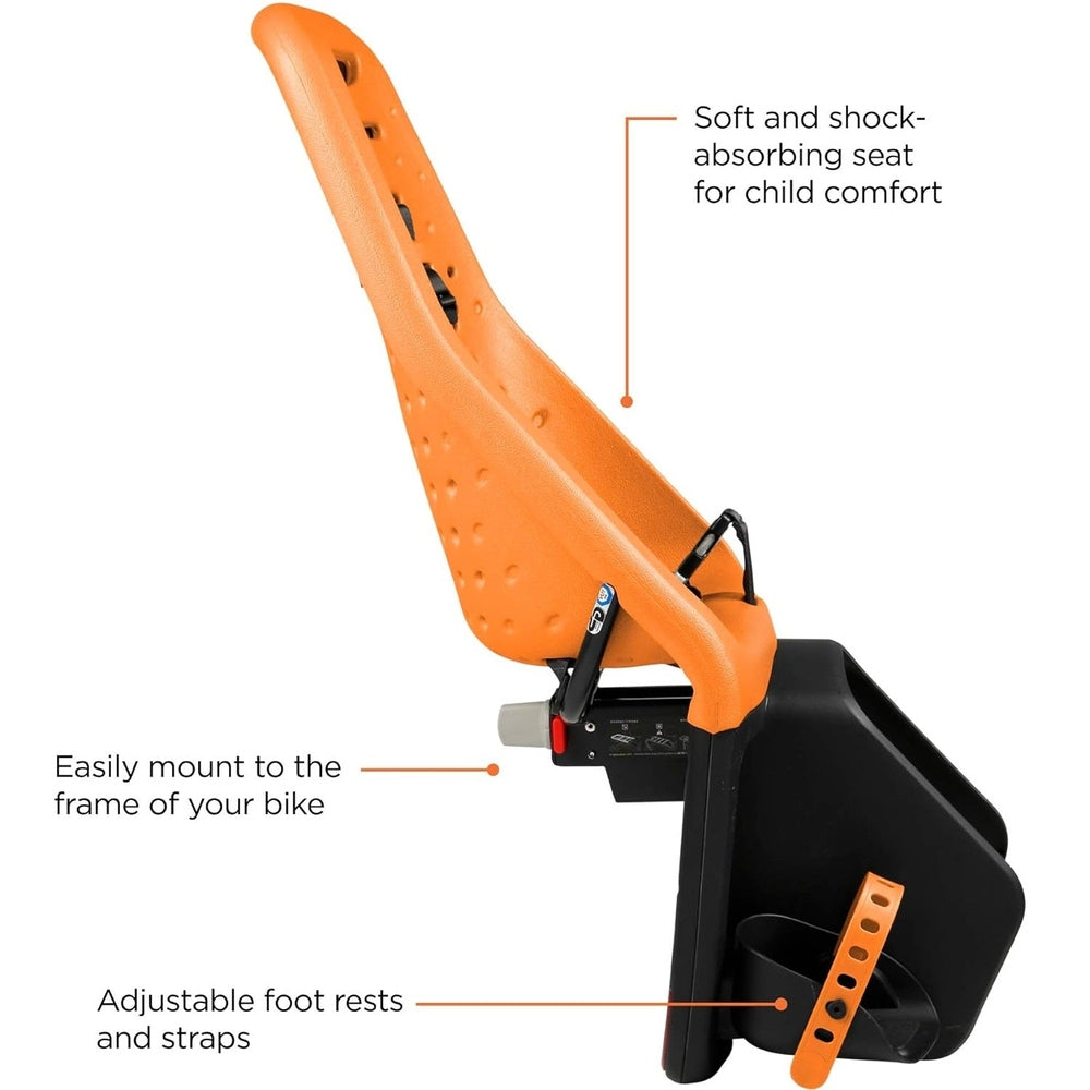 Thule Yepp Maxi Rack Mounted Child Bike Seat in orange with soft seat and adjustable footrests mounted on a bike frame