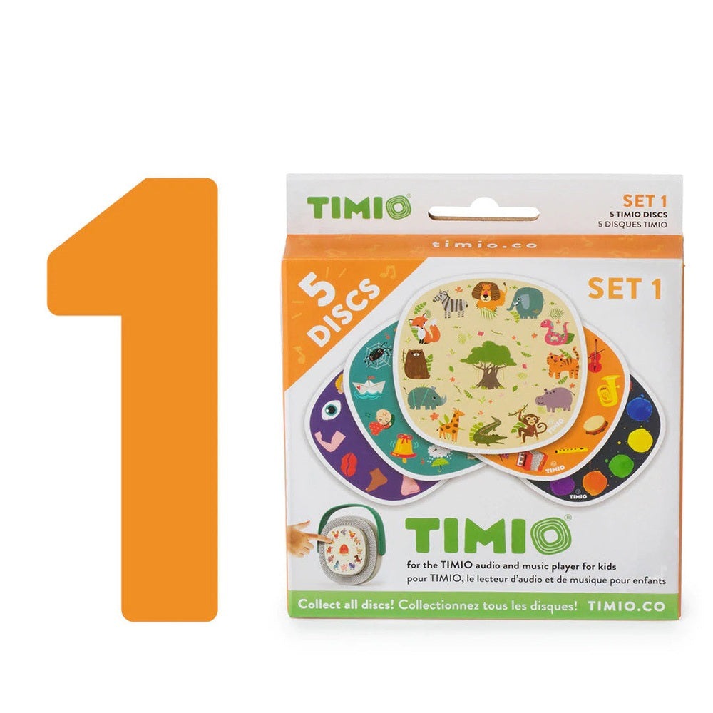 Timio Disc Set 1 with 5 colorful animal-themed discs for kids' music player by TIMIO