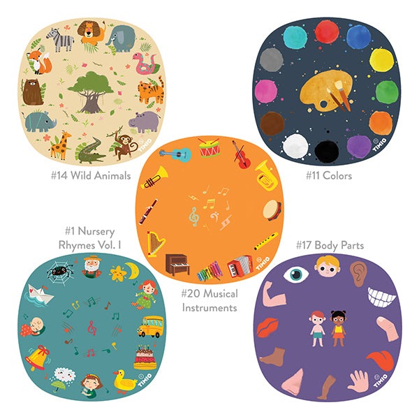 Timio Disc Set 1 five colorful discs with wild animals, colors, body parts, nursery rhymes, and musical instruments