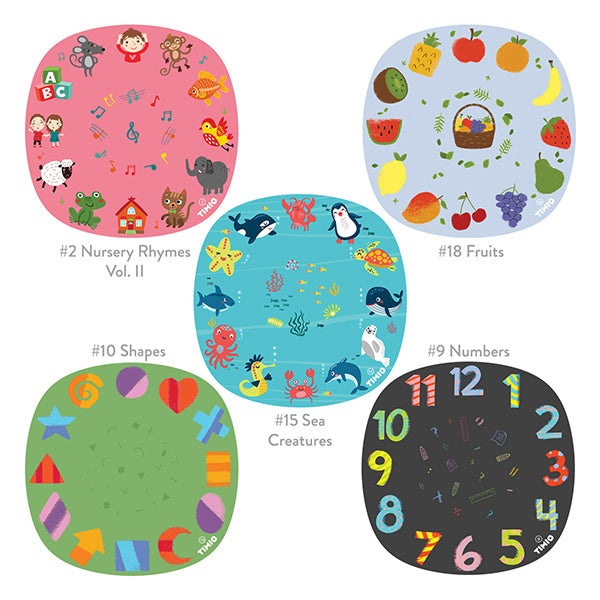 Timio Disc Set 2 with five circular discs: nursery rhymes, fruits, shapes, sea creatures, and numbers (TIMIO)