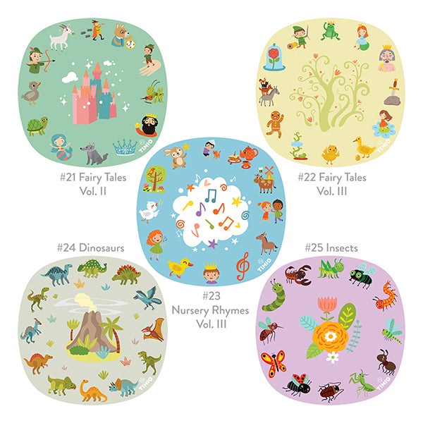 TIMIO Disc Set 4: five colorful discs with fairy tales, dinosaurs, insects, nursery rhymes, and forest scenes.