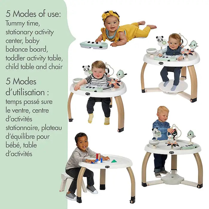Tiny Love 5-In-1 Here I Grow Stationary Activity Center with light wood legs, baby exploring toys in 5 modes.