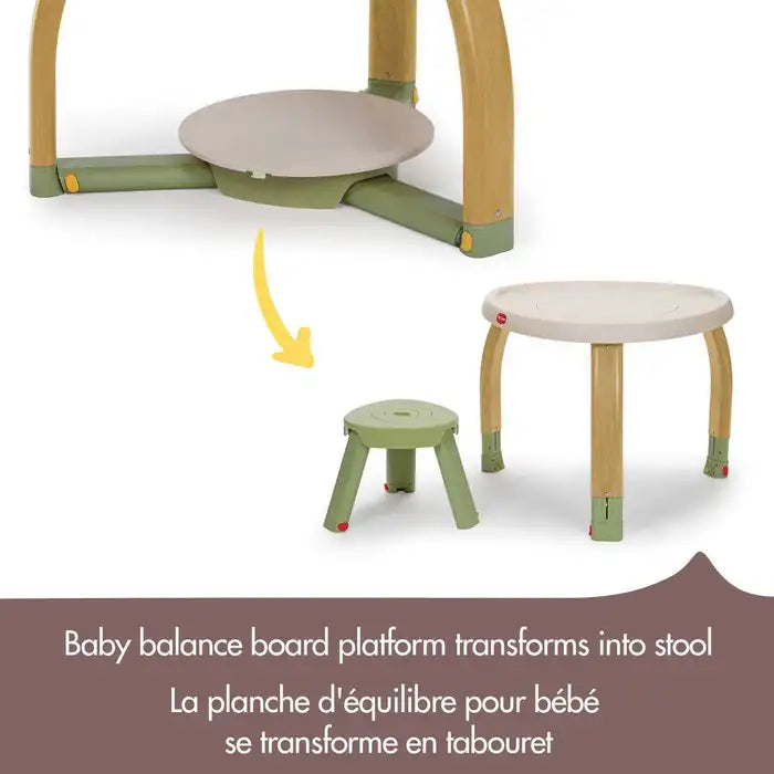 Tiny Love 5-In-1 Here I Grow Stationary Activity Center in wood and green, transforming into a small green stool and white table