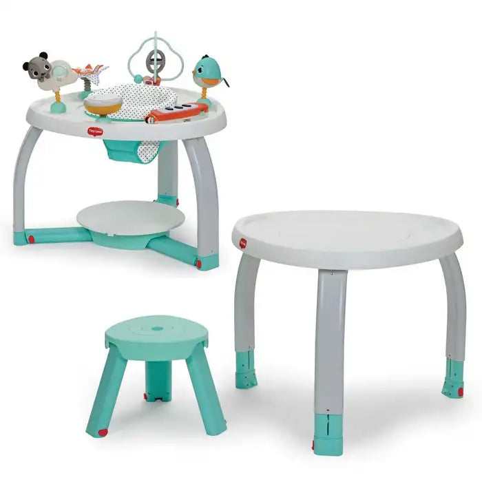 Tiny Love 5-In-1 Here I Grow Stationary Activity Center in mint teal/gray with toy arch and removable table and stool.