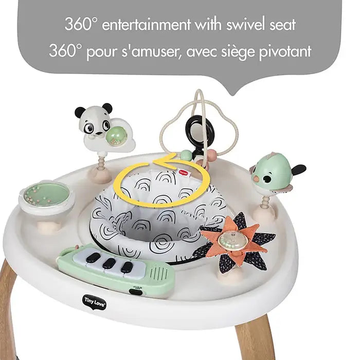 Tiny Love 5-In-1 Here I Grow stationary activity center with pastel panda toys; child spins seat for 360° play.