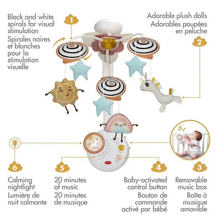 Tiny Love Unicorn Classic Mobile; pastel plush unicorns, stars and spirals with baby music box