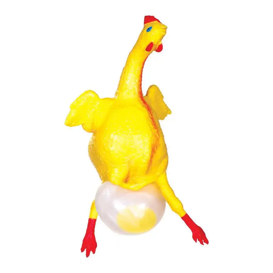 Tobar egg-laying rubber chicken squeeze toy; bright yellow chicken with red feet and white egg