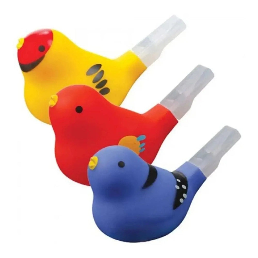 Tobar Water Warbler musical bath toy set of 3 colorful birds—yellow, red and blue—for bath time
