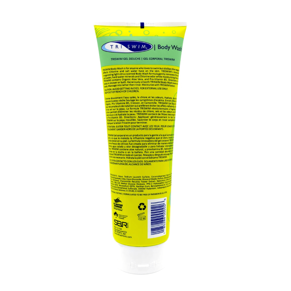 Triswim Chlorine Removal Body Wash 251 ml in a bright yellow tube with blue TRISWIM logo