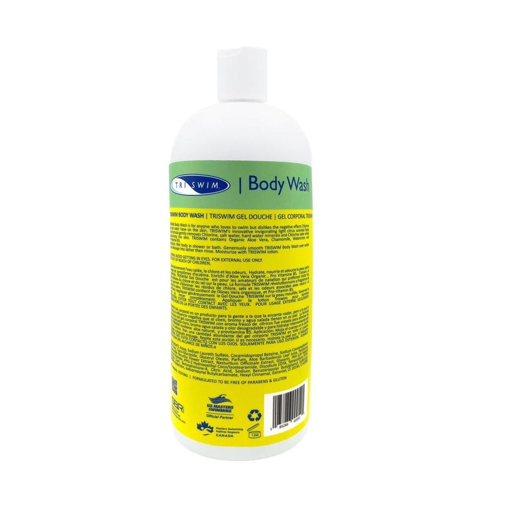 Triswim Chlorine Removal Body Wash 946 ml bottle with yellow label and blue logo