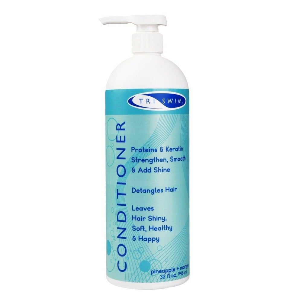 TRISWIM Chlorine Removal Conditioner bottle, 946 ml, blue label, pineapple mango scent