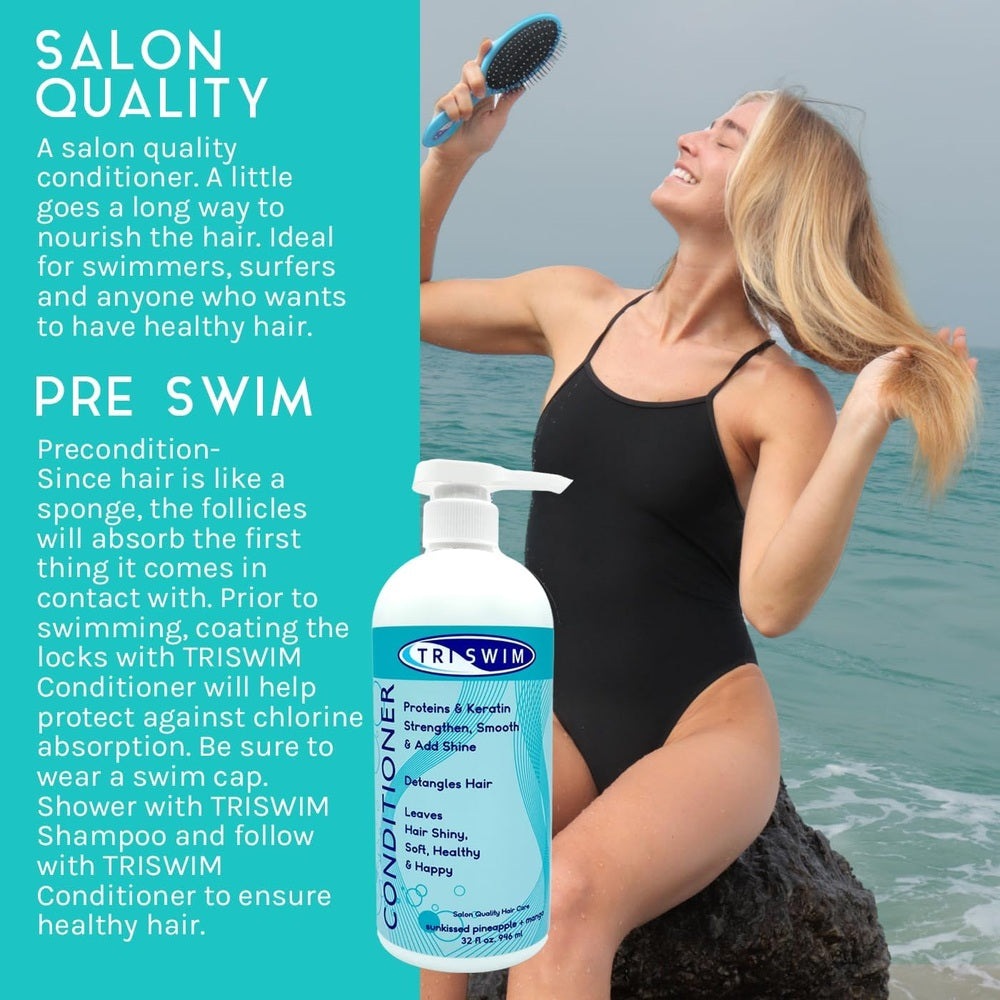 TRISWIM Chlorine Removal Conditioner bottle 946 ml beside a woman swimmer on the beach