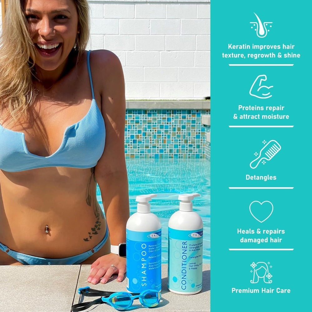 TRISWIM Chlorine Removal Conditioner 946 ml, blue label; poolside shampoo & conditioner duo