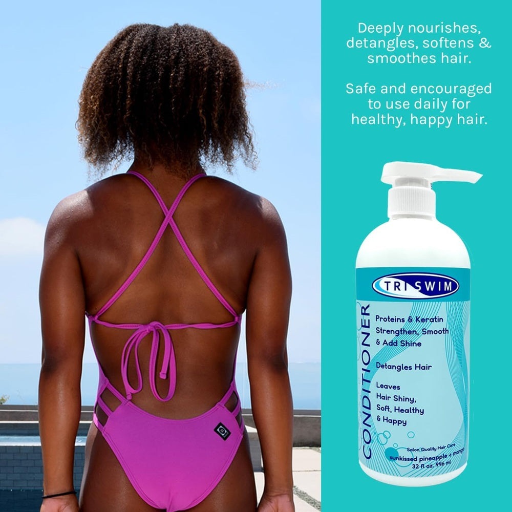 Triswim Chlorine Removal Conditioner 946 ml bottle shown beside a woman in a pink swimsuit by the pool