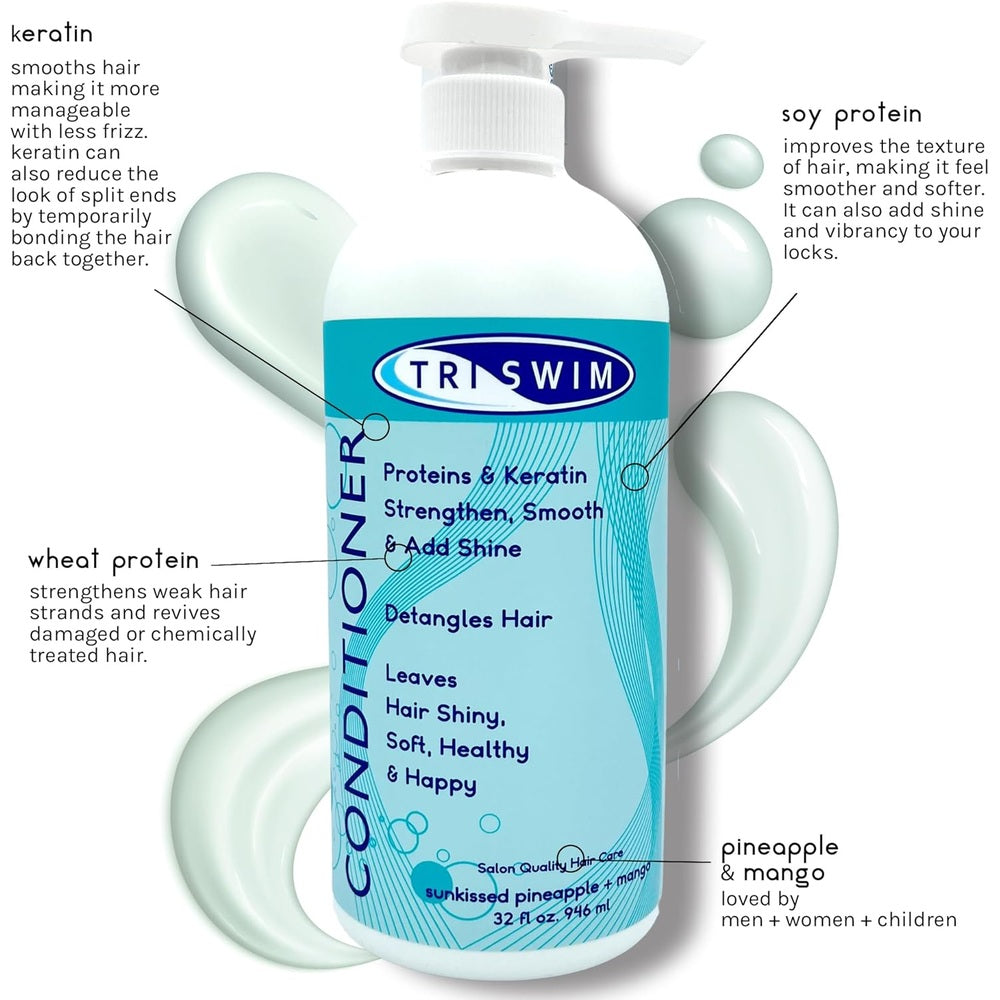 Triswim Chlorine Removal Conditioner 946 ml bottle with blue label, keratin proteins, pineapple mango scent