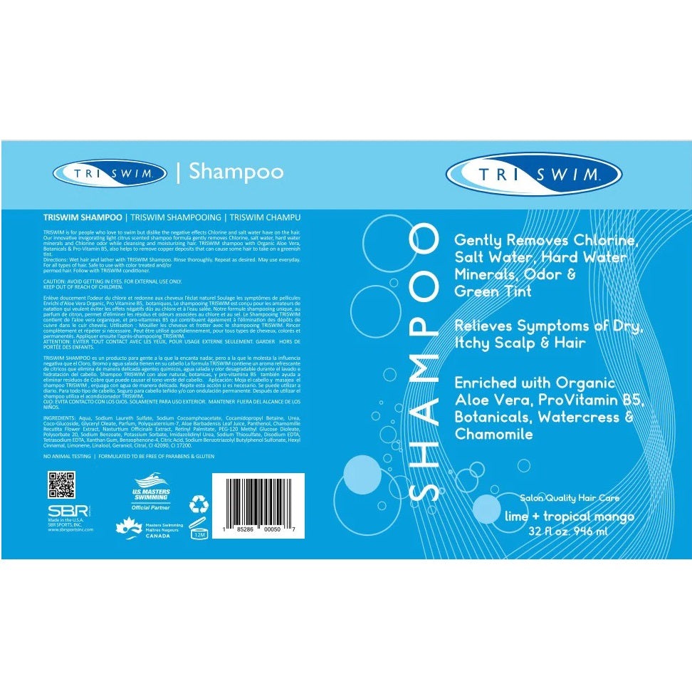 Triswim Chlorine Removal Shampoo 946 ml in blue packaging with lime tropical mango scent