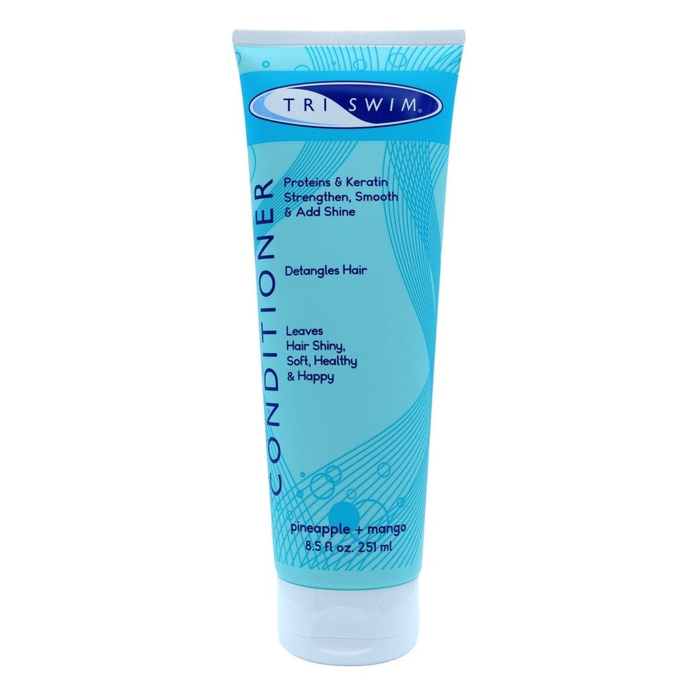 Triswim conditioner 251 ml blue tube with pineapple mango scent; detangles hair and adds shine.