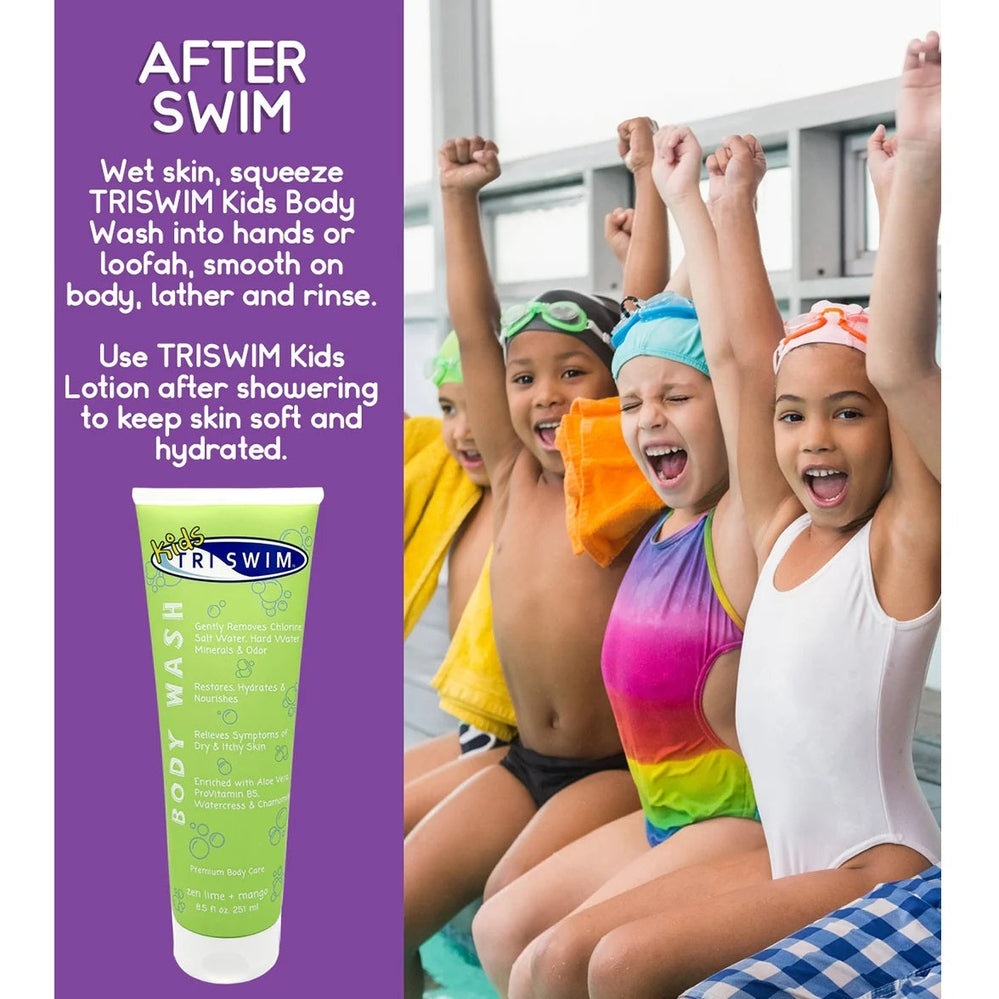 TRISWIM Kids Chlorine Removal Body Wash 251 ml in a green tube; kids cheer after swim.