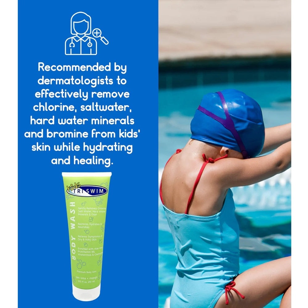 TRISWIM Kids Chlorine Removal Body Wash 251 ml in green tube beside a swimming child on blue background.