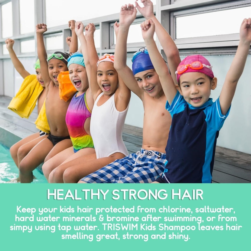 TRISWIM Kids Chlorine Removal Shampoo 251 ml; smiling kids celebrate poolside after swimming