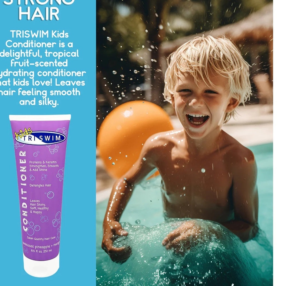 Triswim Kids Conditioner 251 ml; purple packaging with tropical fruit scent beside a smiling boy in a pool.