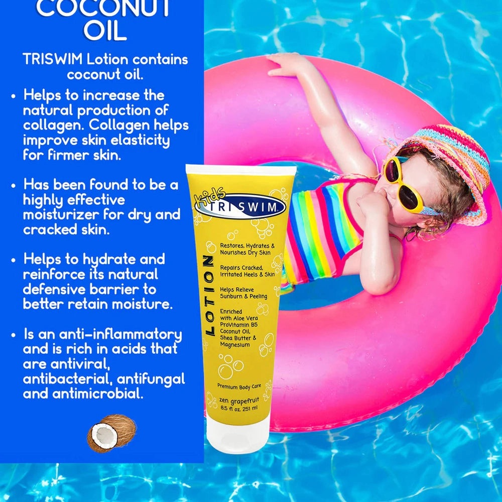 TRISWIM Kids Lotion 251 ml tube in yellow beside a child on a pink pool raft in blue pool water.