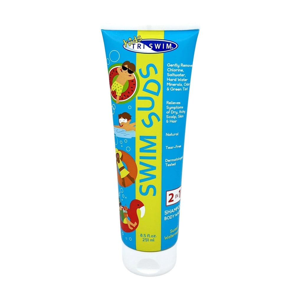 Triswim Kids Swim Suds 2-in-1 shampoo and body wash, blue and yellow bottle, 251 ml