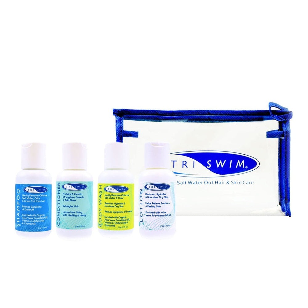 TRISWIM Shot Set in travel bag with four white bottles featuring blue labels