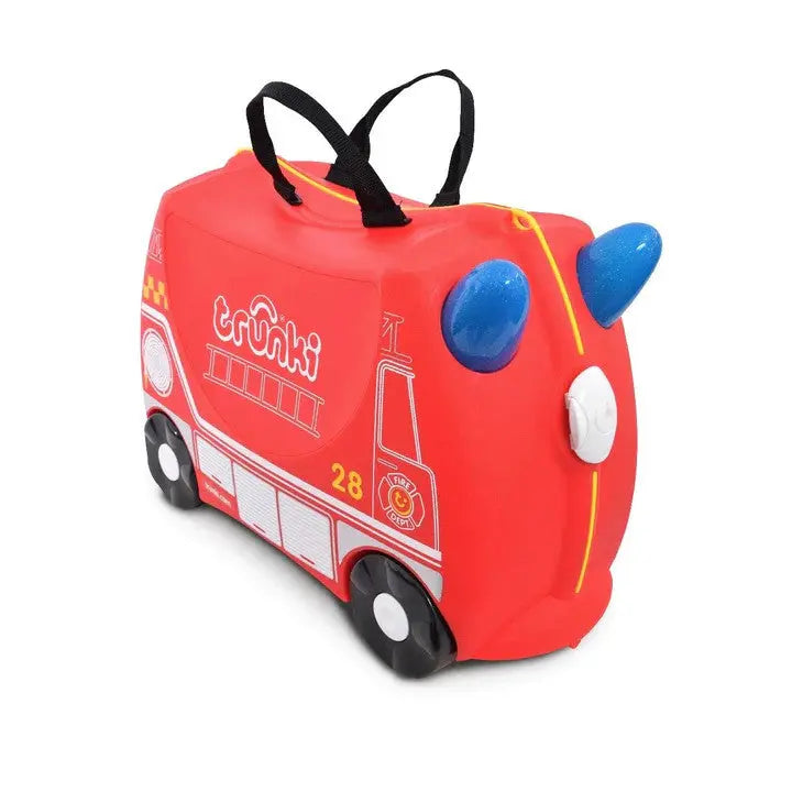 Trunki Ride On Suitcase, red with blue ears, pulled by top handles as wheels roll along.