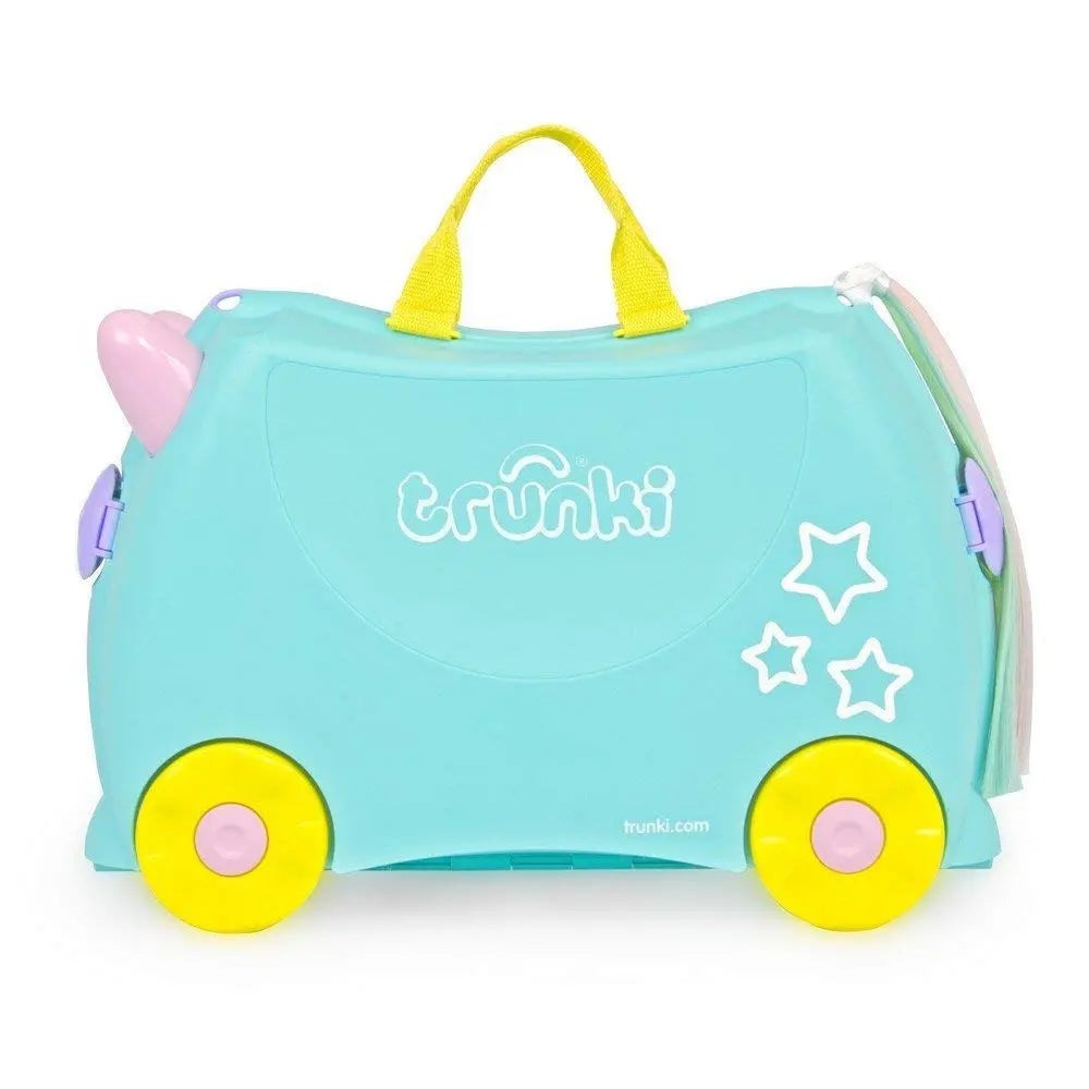 Trunki Ride On Suitcase in turquoise with bright yellow wheels and star decals, ready for kid-friendly travel.