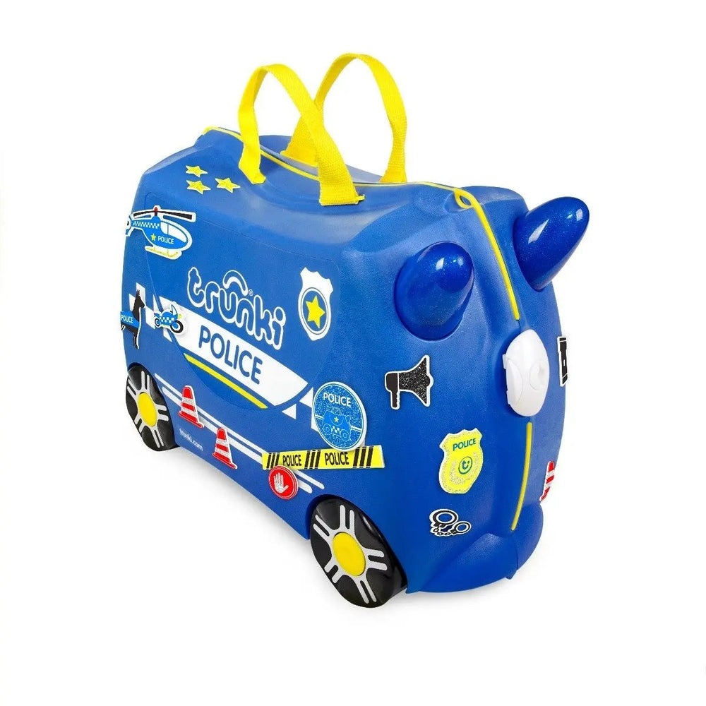 TRUNKI Ride-On Suitcase blue with yellow handles and wheels, police decals for kids' travel.
