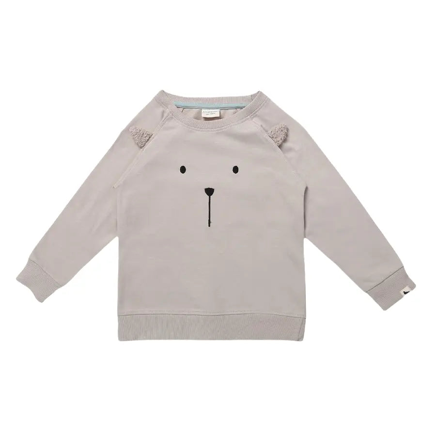 Turtledove London 3D Character Sweatshirt Pumice, cozy baby top with bear face + knit ear accents on shoulders.