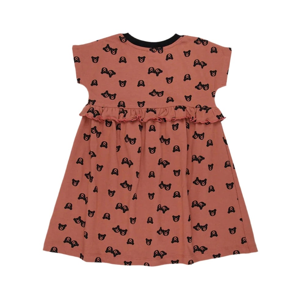 Turtledove London Two Bears Dress Sunset pink with black bear prints and a gathered ruffle waist