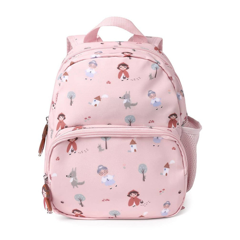 Tutete children's pink backpack with playful illustrated kids and animals pattern for school