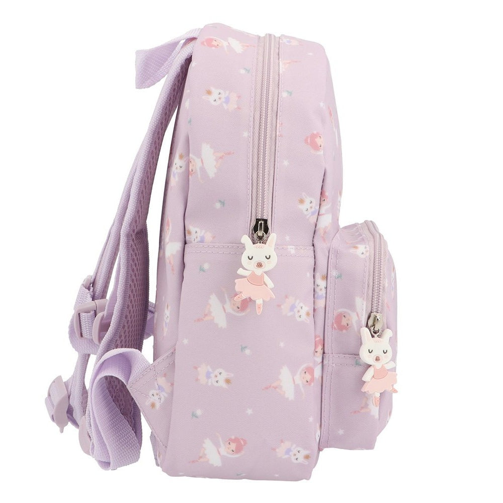 Tutete children's lavender backpack with bunny charm and front pocket, adjustable straps